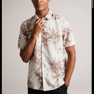 Ted Baker Belmar Short Sleeve Linen Blend Hawaiian Shirt in Natural size 3